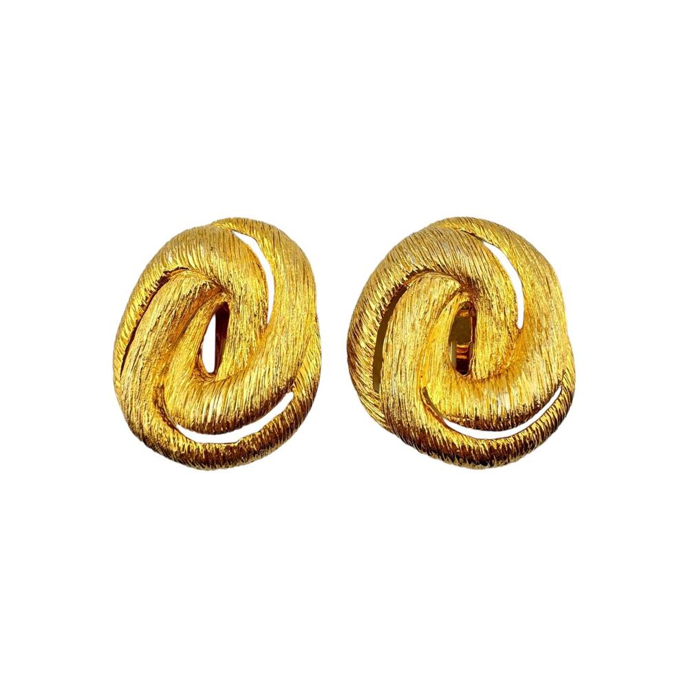 Vintage Signed Les Bernard Chunky Statement Runway Brushed Gold Clip On Earrings